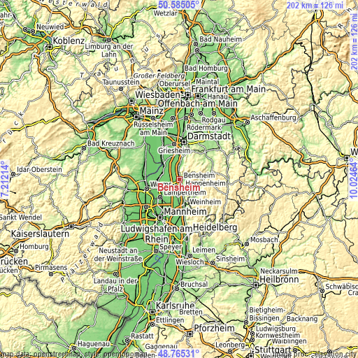 Topographic map of Bensheim