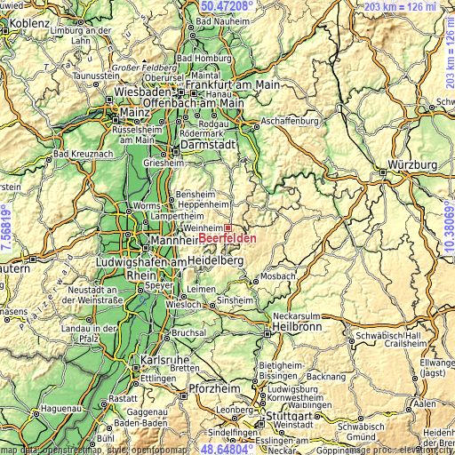 Topographic map of Beerfelden