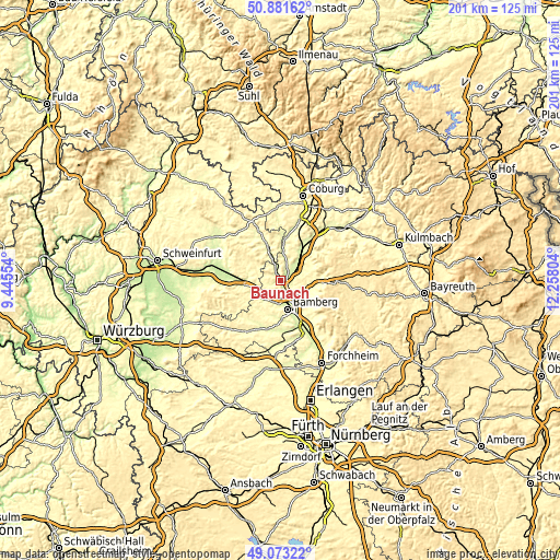 Topographic map of Baunach