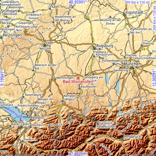 Topographic map of Bad Wörishofen