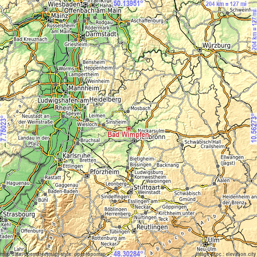 Topographic map of Bad Wimpfen