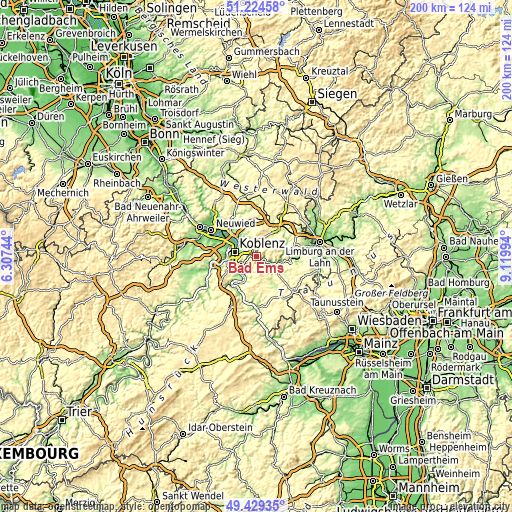 Topographic map of Bad Ems