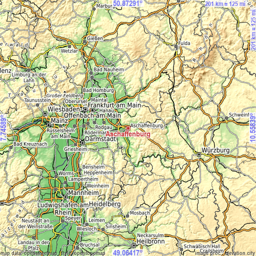 Topographic map of Aschaffenburg