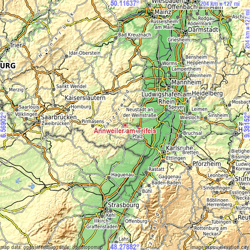 Topographic map of Annweiler am Trifels