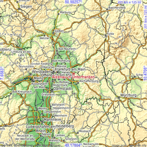 Topographic map of Alzenau in Unterfranken