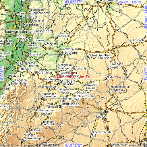 Topographic map of Allmersbach im Tal