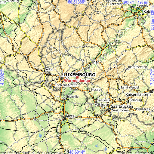 Topographic map of Wormeldange