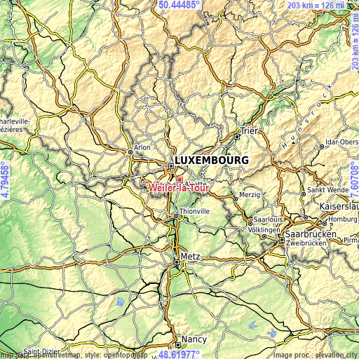 Topographic map of Weiler-la-Tour