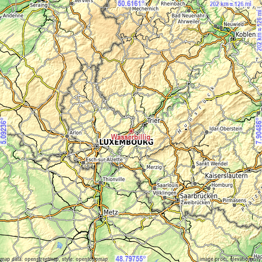 Topographic map of Wasserbillig