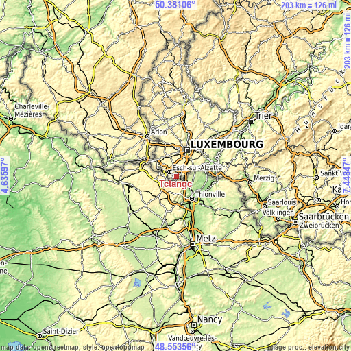 Topographic map of Tétange
