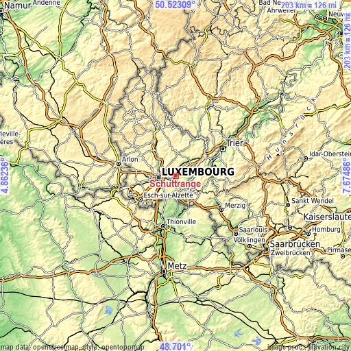 Topographic map of Schuttrange