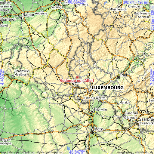 Topographic map of Redange-sur-Attert
