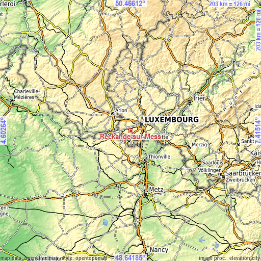 Topographic map of Reckange-sur-Mess