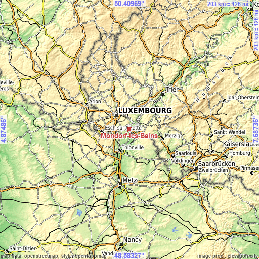 Topographic map of Mondorf-les-Bains