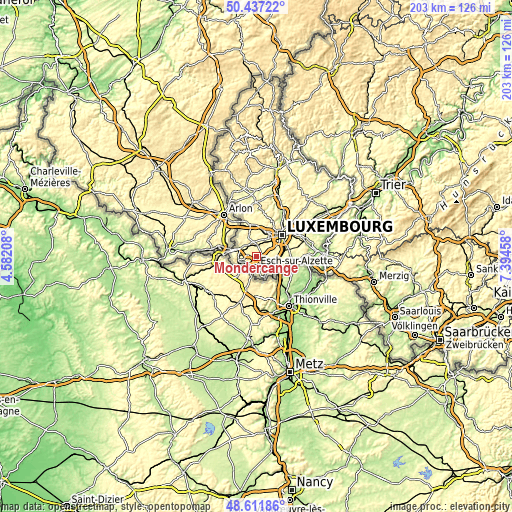 Topographic map of Mondercange
