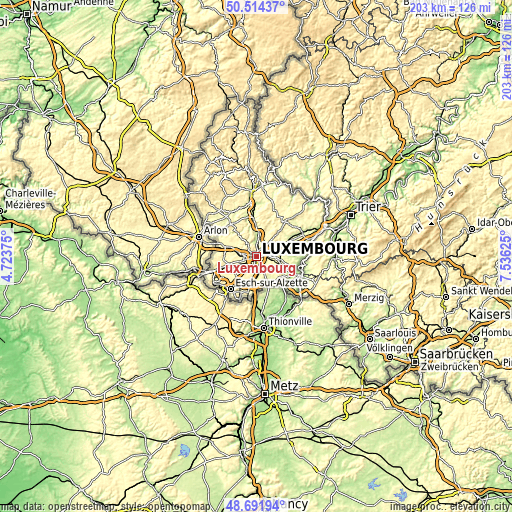 Topographic map of Luxembourg