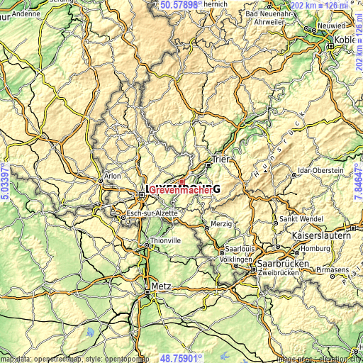 Topographic map of Grevenmacher