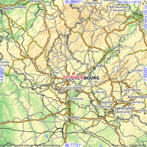 Topographic map of Gonderange