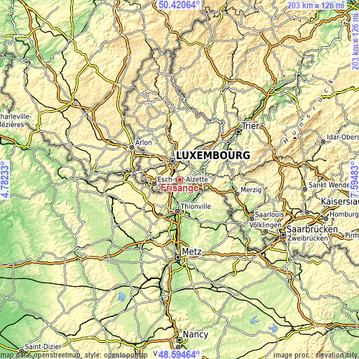Topographic map of Frisange