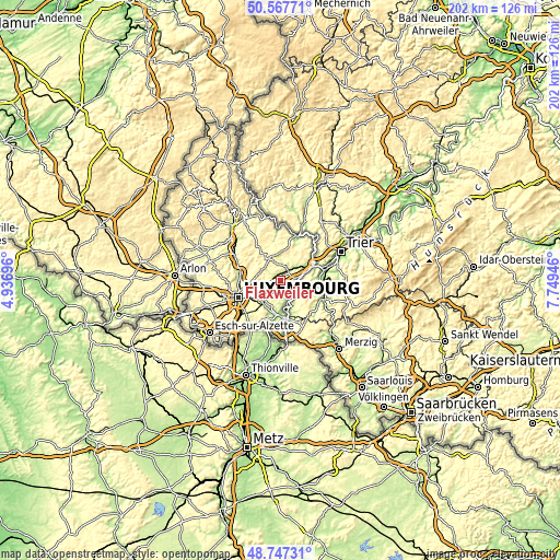 Topographic map of Flaxweiler