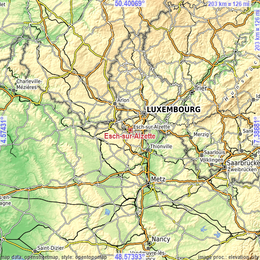 Topographic map of Esch-sur-Alzette