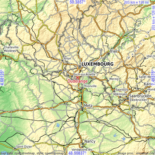 Topographic map of Dudelange