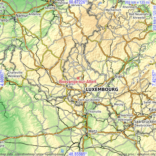 Topographic map of Boevange-sur-Attert