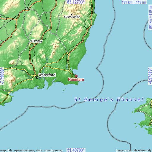 Topographic map of Rosslare