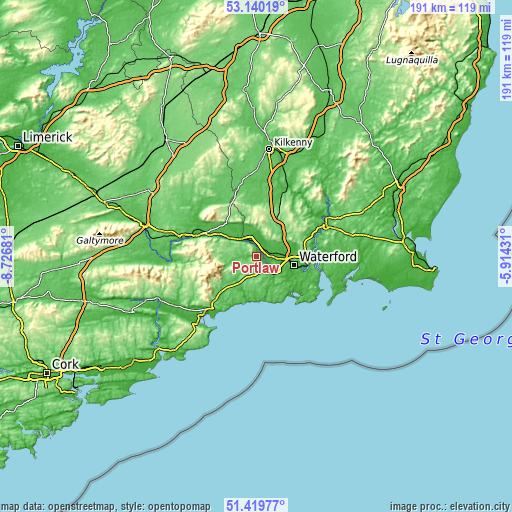 Topographic map of Portlaw