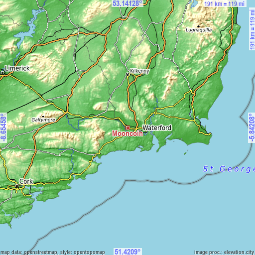 Topographic map of Mooncoin