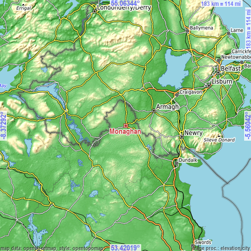 Topographic map of Monaghan