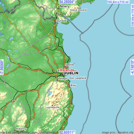 Topographic map of Malahide