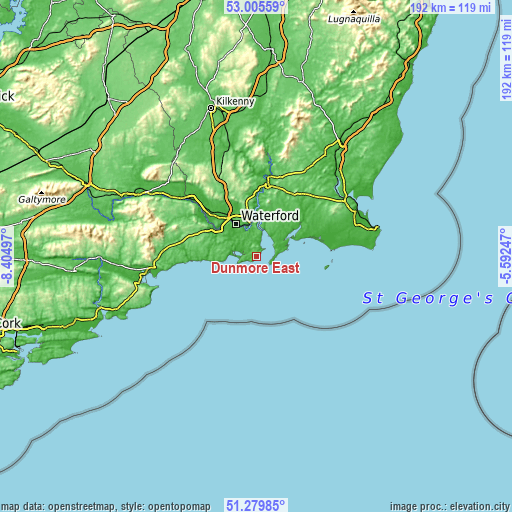 Topographic map of Dunmore East
