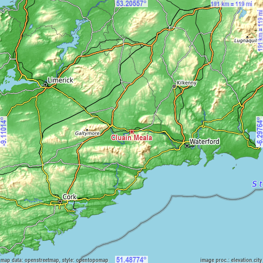Topographic map of Cluain Meala