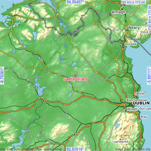 Topographic map of Castlepollard