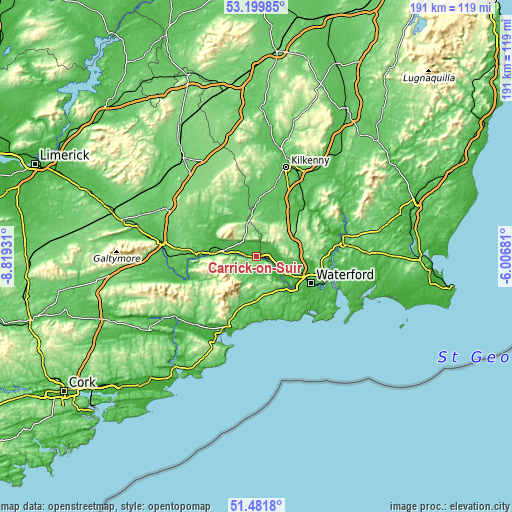 Topographic map of Carrick-on-Suir