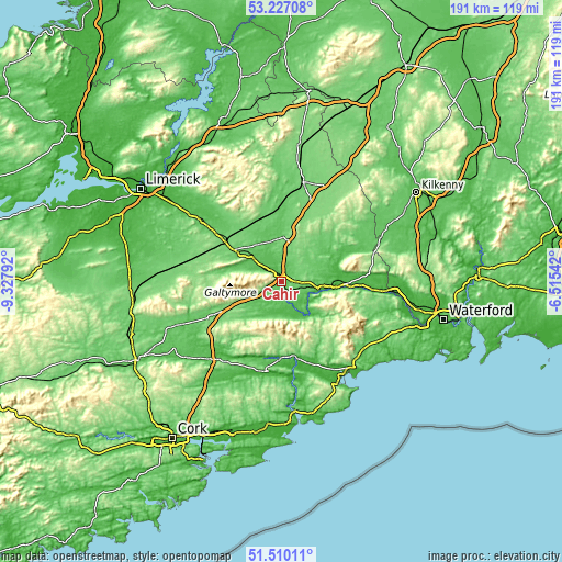 Topographic map of Cahir