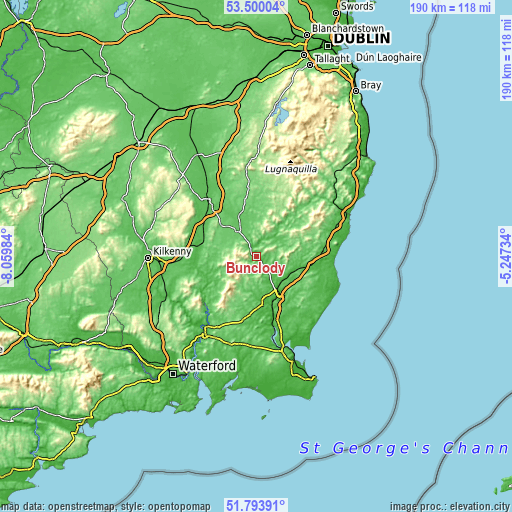 Topographic map of Bunclody