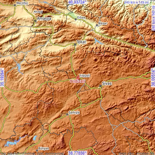 Topographic map of Yıldızeli