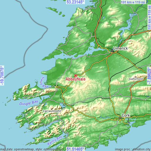 Topographic map of Abbeyfeale