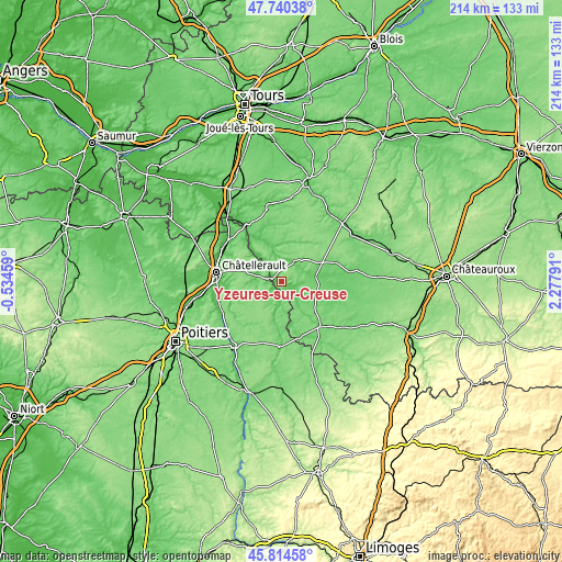 Topographic map of Yzeures-sur-Creuse