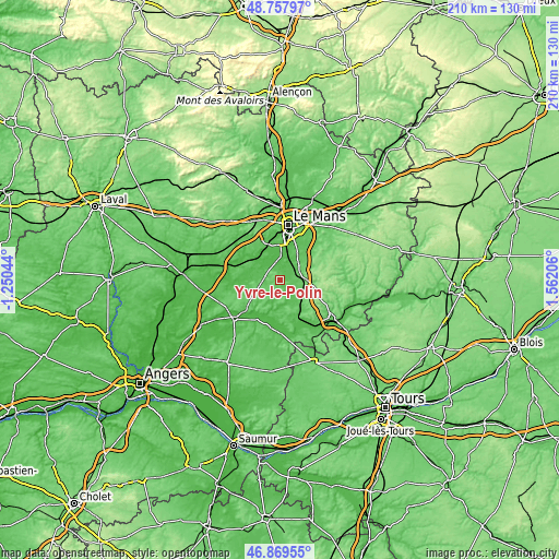 Topographic map of Yvré-le-Pôlin