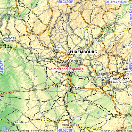 Topographic map of Volmerange-les-Mines