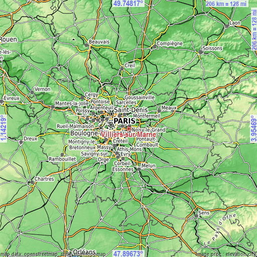 Topographic map of Villiers-sur-Marne