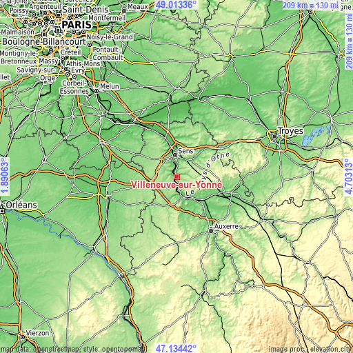 Topographic map of Villeneuve-sur-Yonne