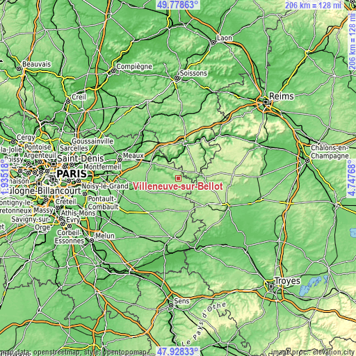 Topographic map of Villeneuve-sur-Bellot