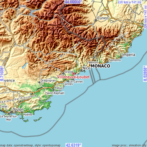 Topographic map of Villeneuve-Loubet
