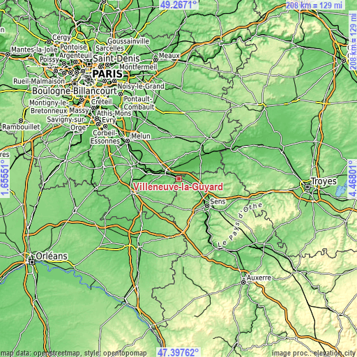 Topographic map of Villeneuve-la-Guyard