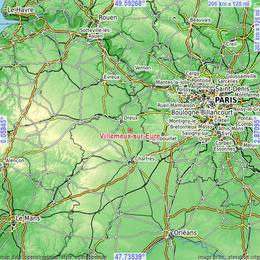 Topographic map of Villemeux-sur-Eure