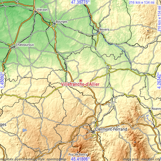 Topographic map of Villefranche-d’Allier